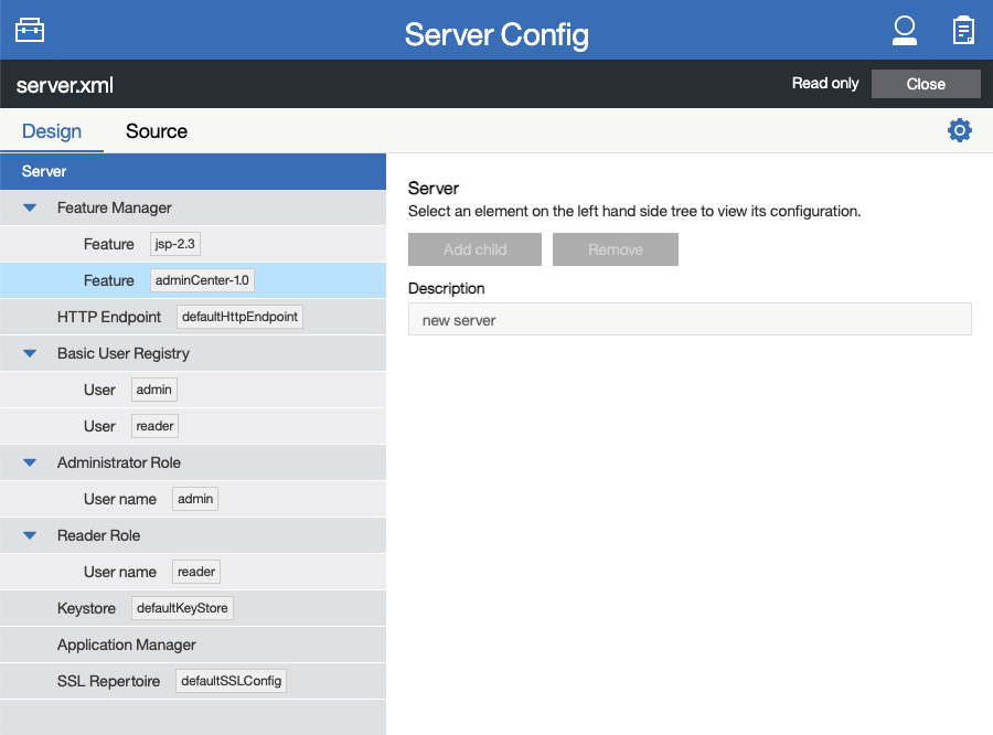 Design tab of the Server Config Tool