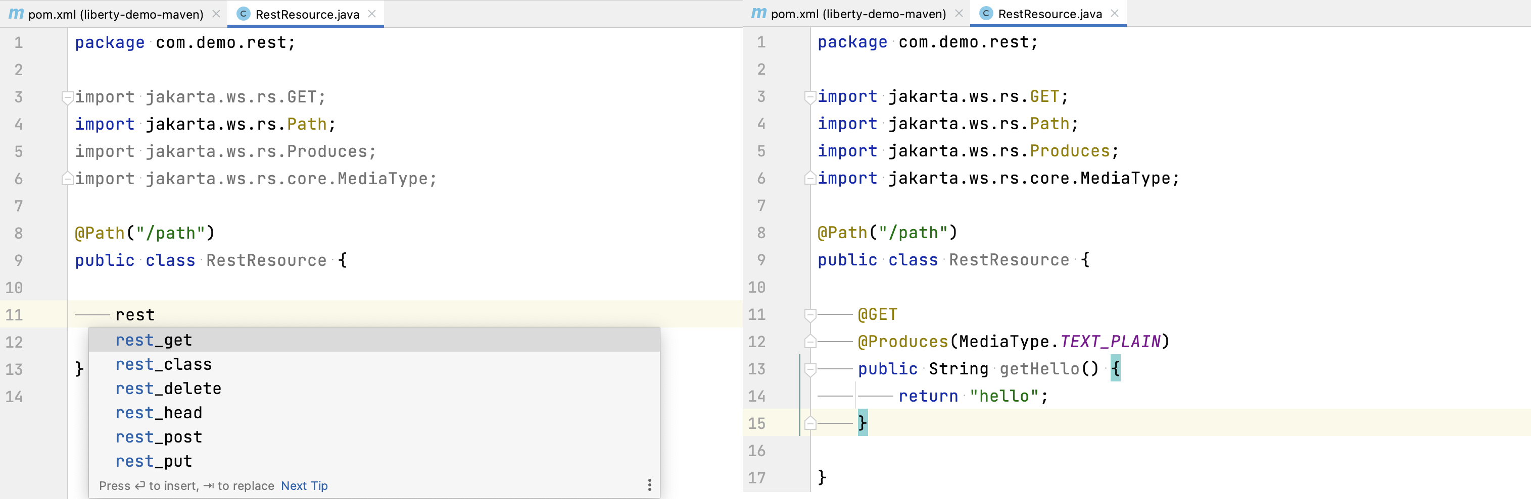 Editing assistance provides code completion in configuration and application files for Jakarta EE and MicroProfile APIs.