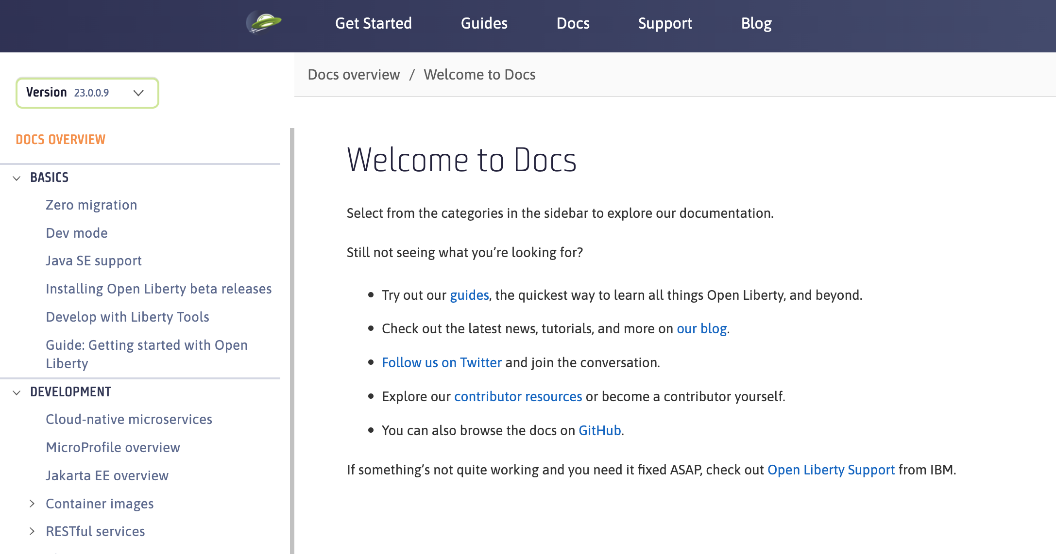 Screenshot of Open Liberty docs