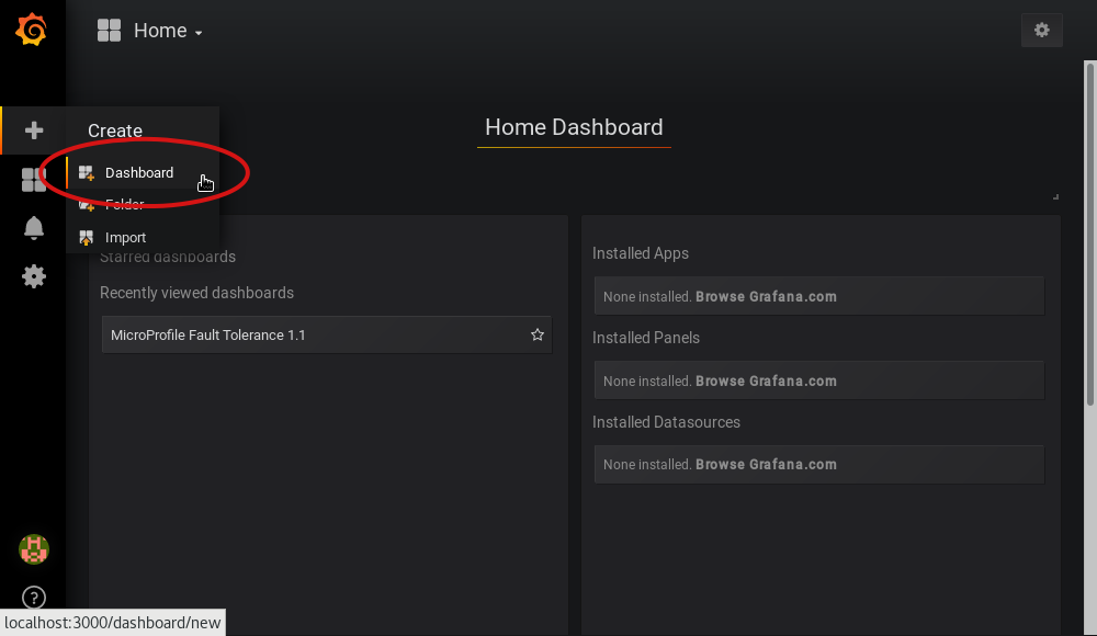 Screenshot of Grafana highlighting the new dashboard button on the left sidebar menu
