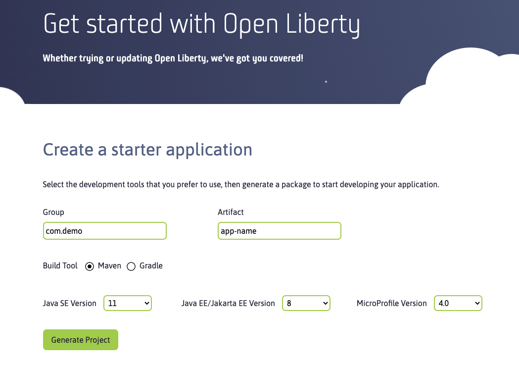 screen capture of the starter application options