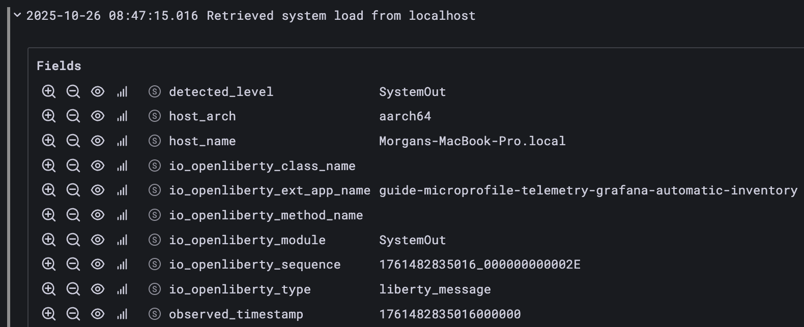 Example log entry from `System.out` standard output stream