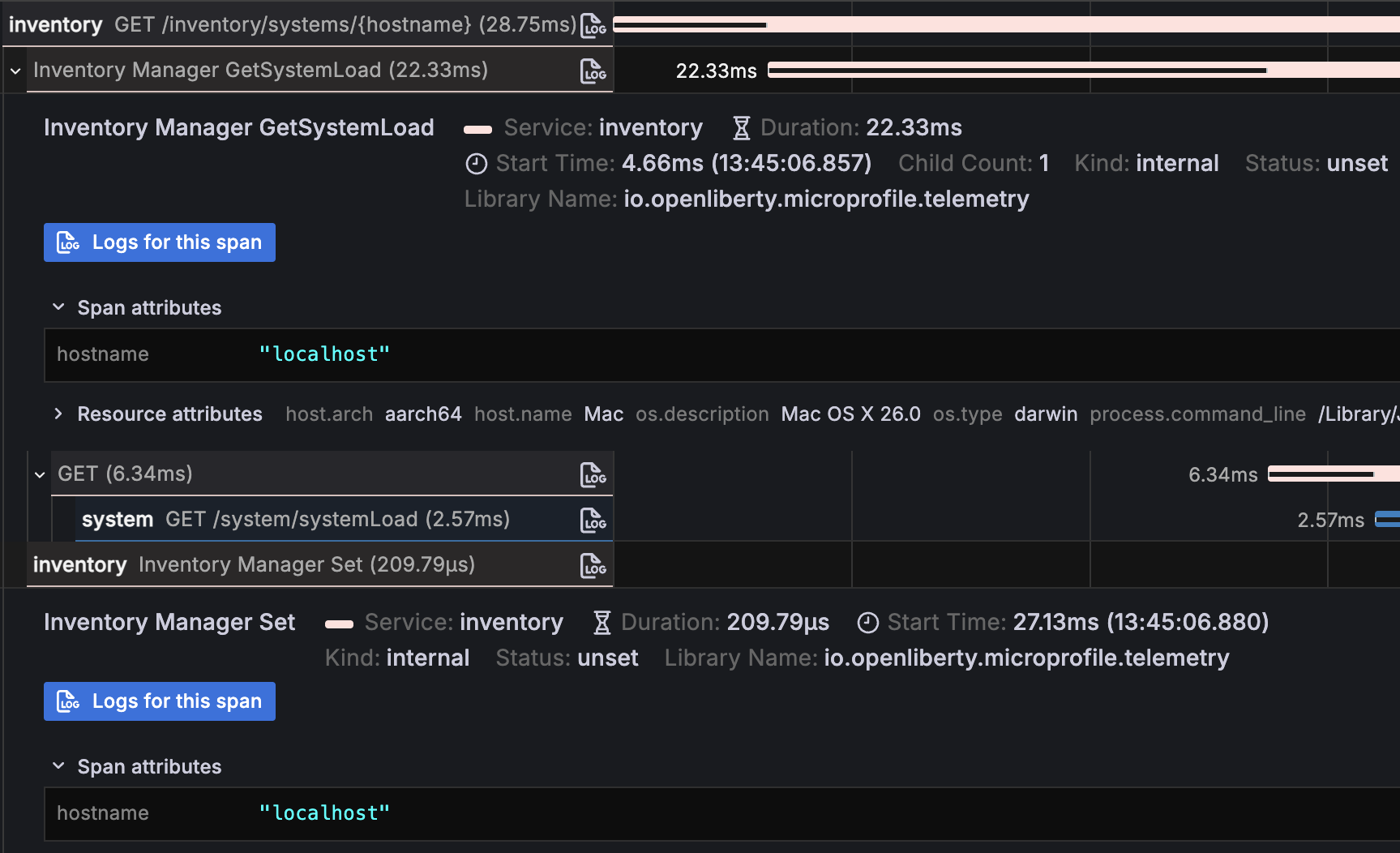 Span attributes from `GET /inventory/systems/{hostname}`