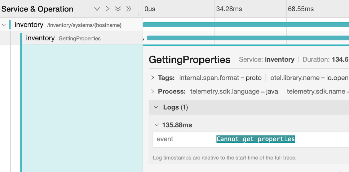 Logs at GettingProperties span